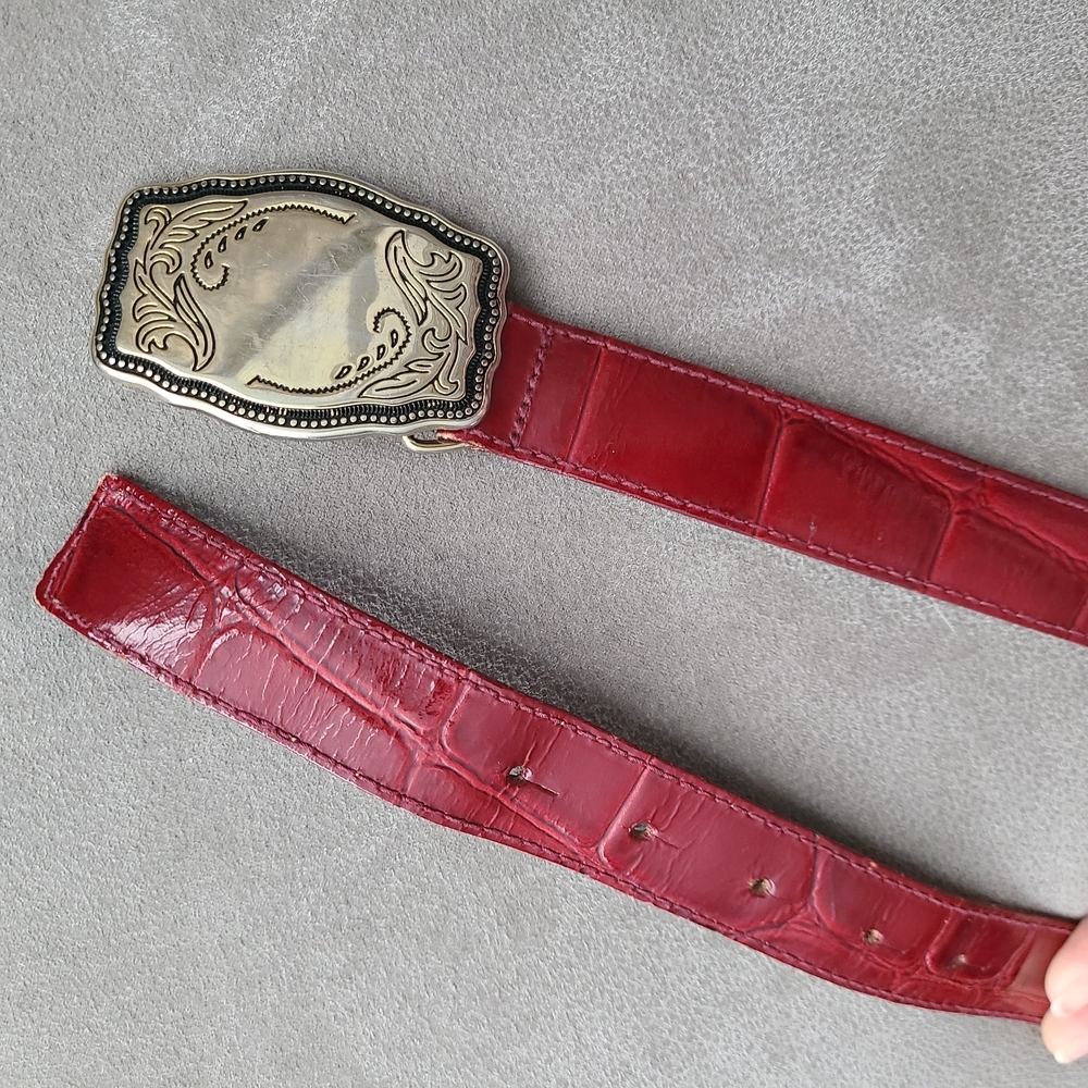 Omega Red Italian Croco Leather Belt with Decorative Buckle Vintage Medium 4883‎